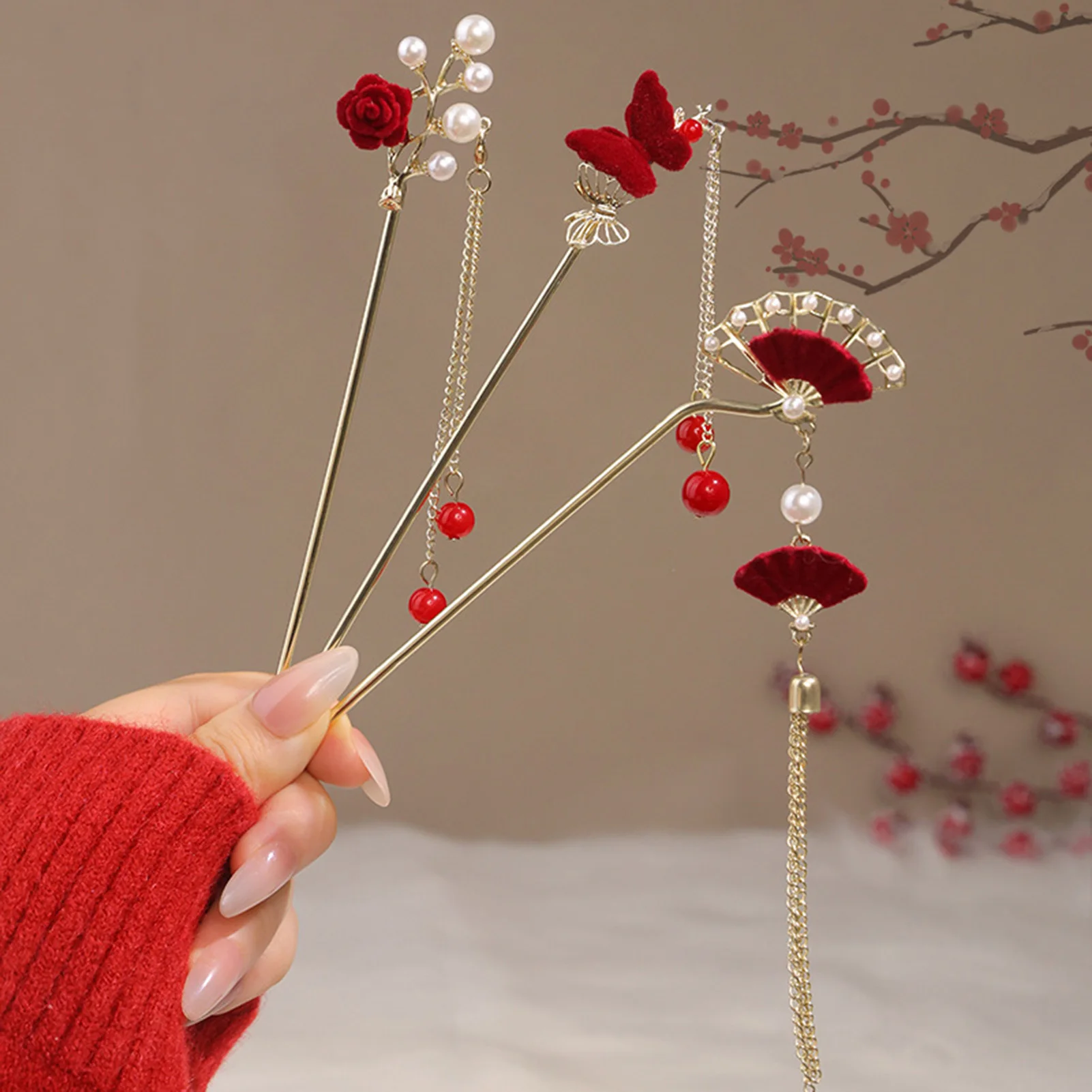 Handcrafted Red Floral Tassel Hairpin Set with Gold Accents Traditional Chinese Wedding Hair Accessories, Red and Pink  main image 4