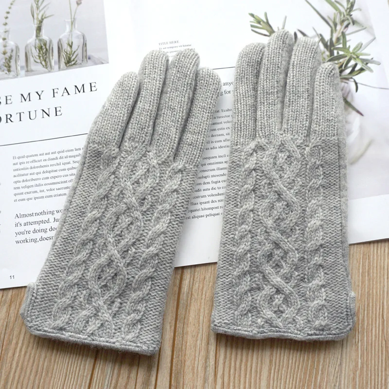 Autumn and Winter Women's Wool Wool Double Layer Fleece-lined Thickened Touch Screen Outdoor Cycling Warm Driving Gloves