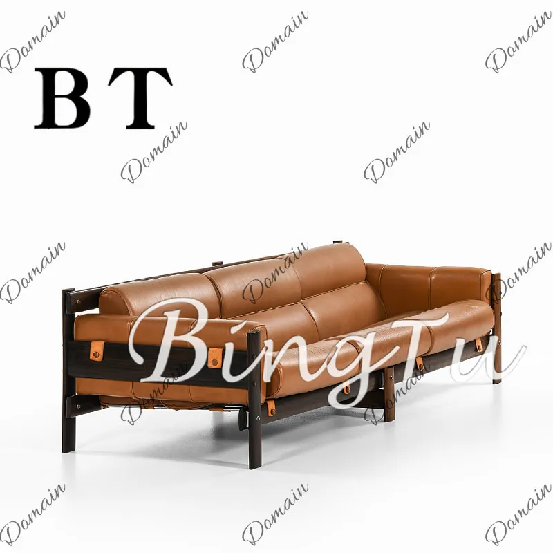 Mid-Century Solid Wood 3-Seater Sofa Walnut Vintage Nordic Designer Lounge Reception Sofa for Hotel Apartment