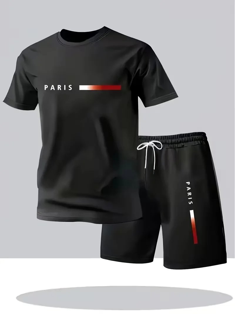New Summer Men Street Trendy 2 Piece Sport Set, Lightweight Breathable Quick Dry Short Sleeve T-shirt & Casual Shorts Outfit