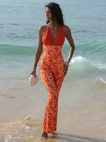 Women Halter Neck Lace Trim Floral Print Flared Jumpsuit Boho Spring Summer Vacation Beach Date Lightweight Flattering Jumpsuit - Image 4