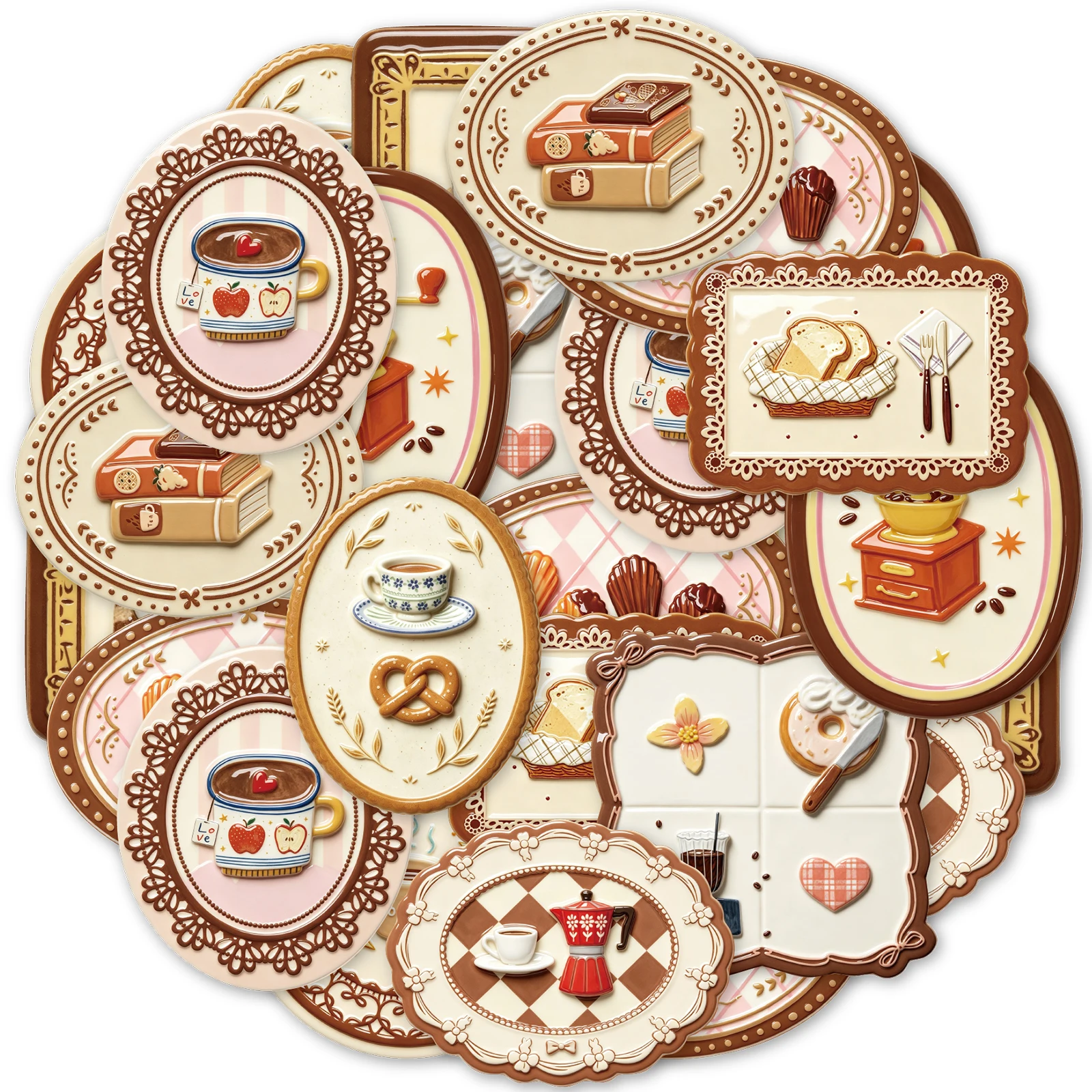 Etori Life 20Pcs Warm Brown Embossed Sticker Pack with Vintage Dessert Designs for Decorating Water Bottles, Skateboards, Notebooks, Helmets, Suitable for Baking Sealing, Handmade Gift Paper Bags, Laptop, Phone Backs, Diaries, Sticker Books, Postcards and Envelopes, Scrapbooking Supplies, Office Decorations, Gift Box Packaging, Healing Aesthetics, School Supplies, Cycling Decals, Gifts for Friends