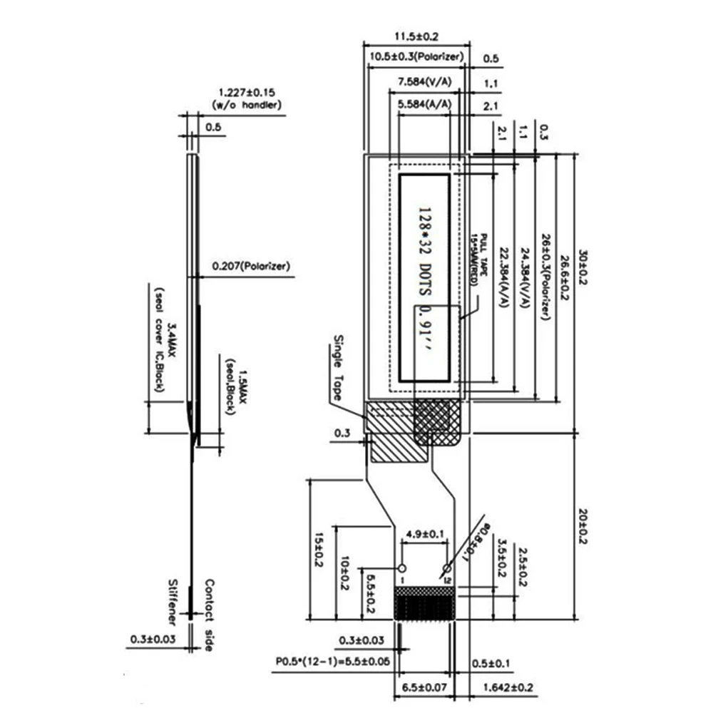 0.91 Inch 128*32 OLED Screen Dispaly COG SPI Soldering 12Pin Serial Port SSD1306 OLED Blue Word