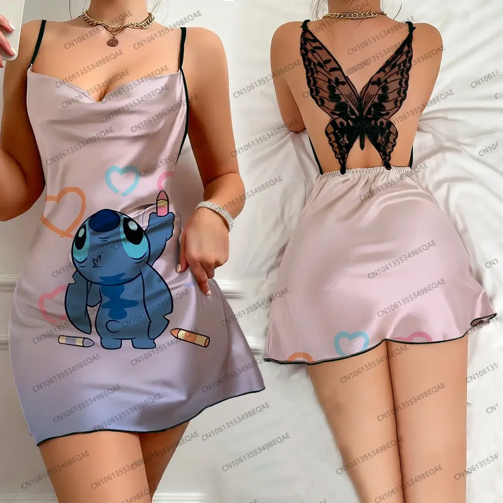 

Elegant Women's Backless Party Dress Summer Sleeveless Sexy Nightdress Butterfly Lace Lilo and Stitch Print Suspender Skirt