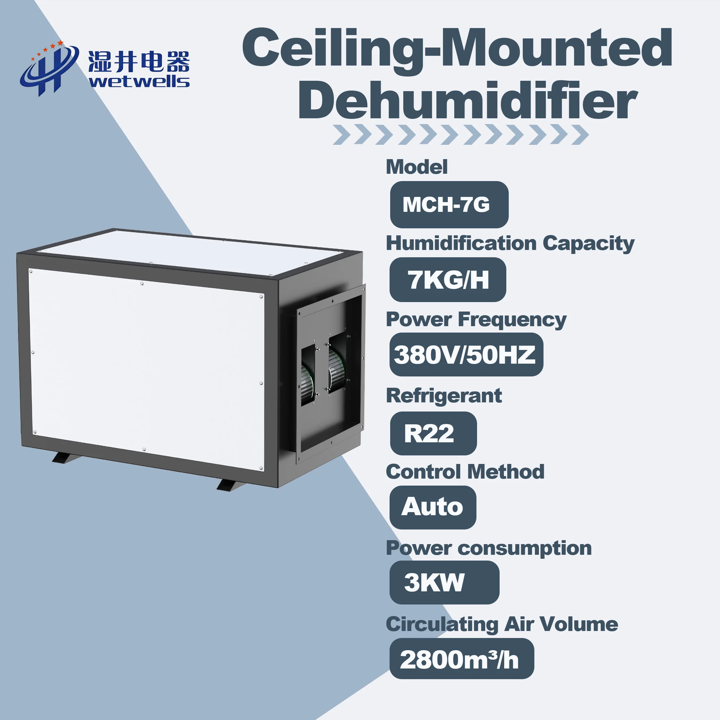 WETWELLS MCH-7G Electric Adjustable Humidity Ceiling Mounted Industrial Dehumidifier 7kg/h 2800m/h New 380V