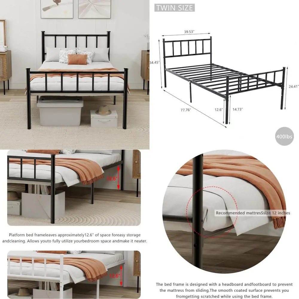 

Sturdy Metal Twin Bed Frame with Headboard, Steel Slat Support, No Box Spring Needed, Easy Assembly, Black Finish