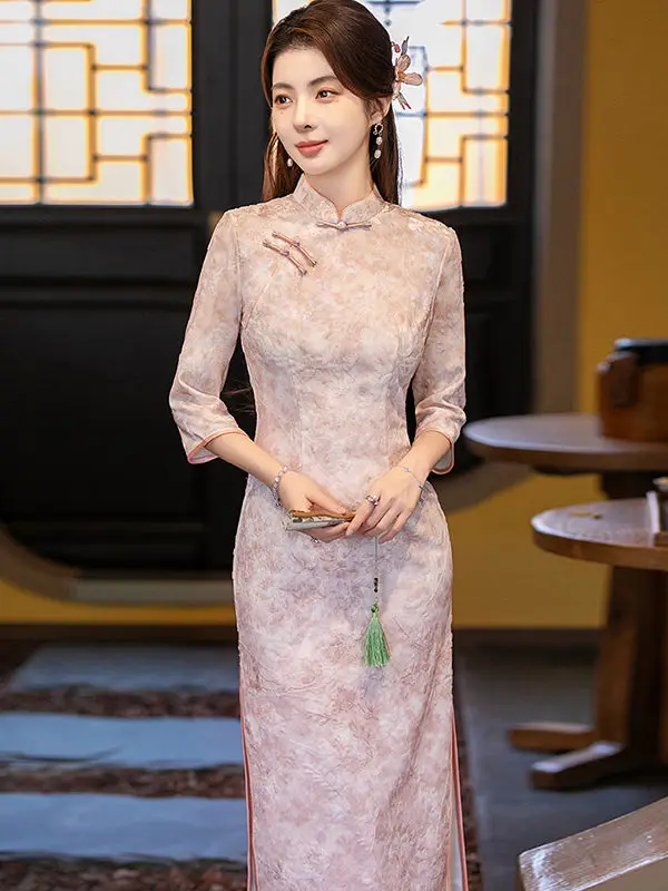 

Розовое традиционное китайское платье с длинными рукавами, молодежный крой, весна-осень, женское, в стиле ретро, с цветочным узором