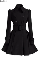 2026 Women‘s Elegant Thick Midi Length Double-breasted Overcoat Jacket Warm A-line Loose Hem Tight Waist Woolen Blends with Belt