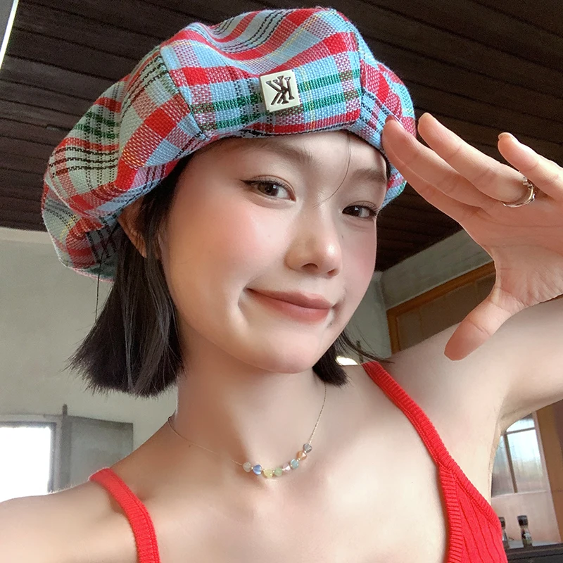 Retro Contrasting Color Plaid Berets for Women Show Face Small Spring Summer Japanese Casual Versatile Literary Painter Hats