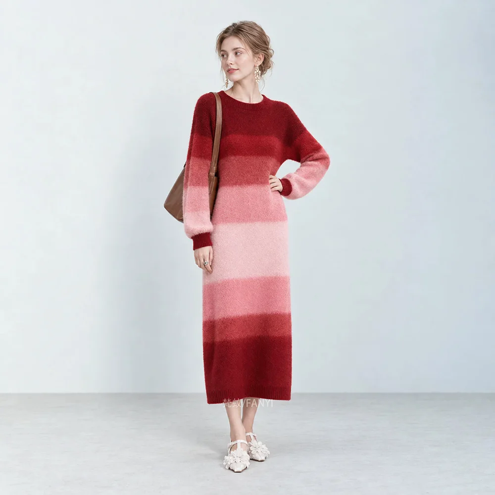 New Women Elegant Daily Gradient color Knitted Dress Autumn Winter Fashion O-Neck Long Sleeve Loose Waist Sweater Dress