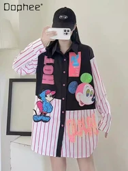 Long Sleeve Stitching Vertical Stripe Shirt Women 2024 Spring and Summer New Loose Mid-Length Cartoon Beaded Printed Top