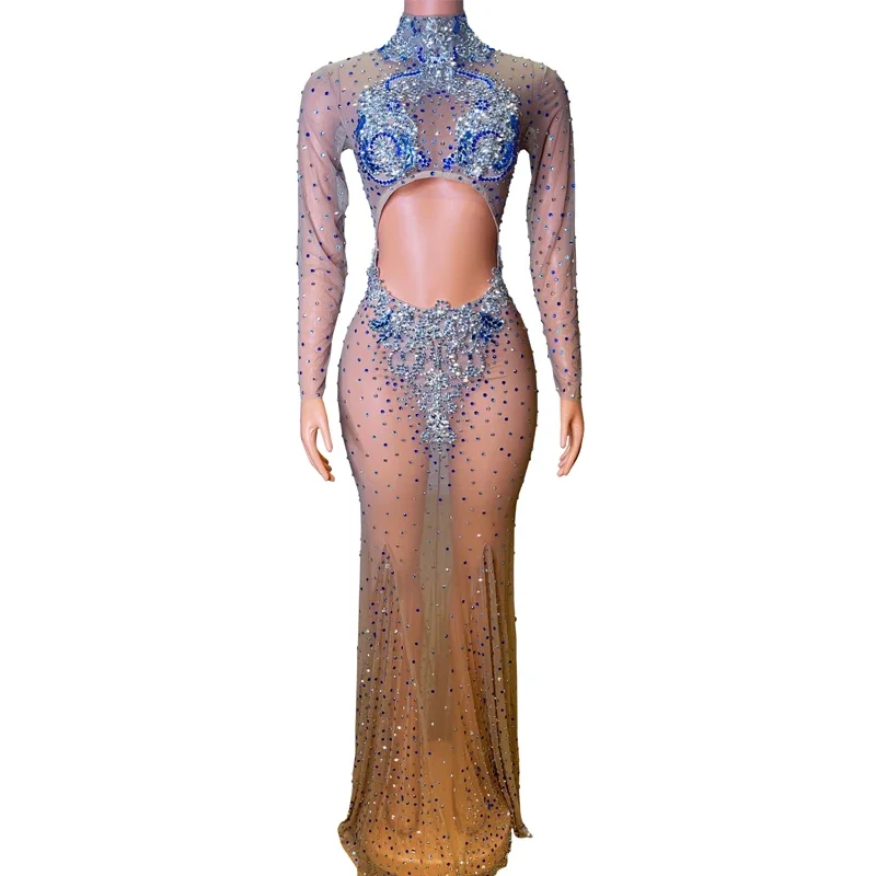 ชุดเดรสผู้หญิงประดับเพชรเต็มตัว ดีไซน์เซ็กซี่ ผ้าตาข่ายโปร่ง ชุดนักร้องหญิง ชุดแสดงบนเวที ชุดเทศกาล รุ่น XS6721