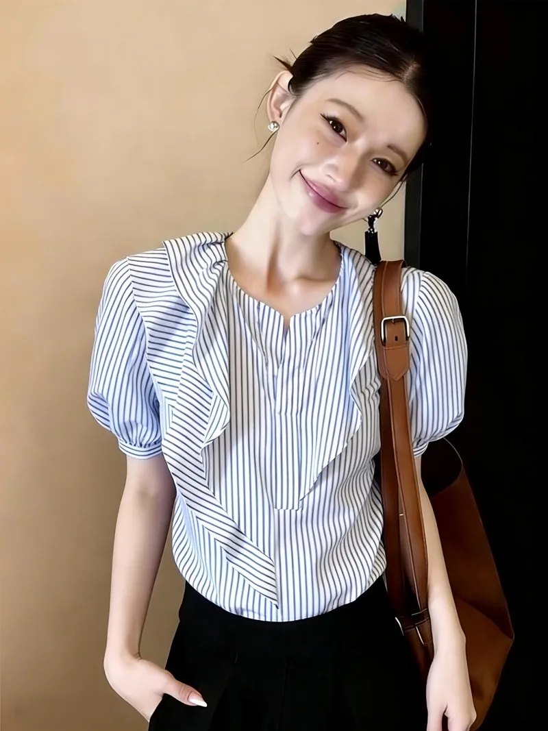 Vintage Women\'s Blouses Spring/Summer New Striped Korean Shirts Loose Ruffle O-neck Top Women Clothing Sales