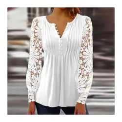 Autumn Women's White Shirt V-neck Print Button T-shirt Women Stylish Blouses Casual Loose Long-sleeve Elegant Female Clothing