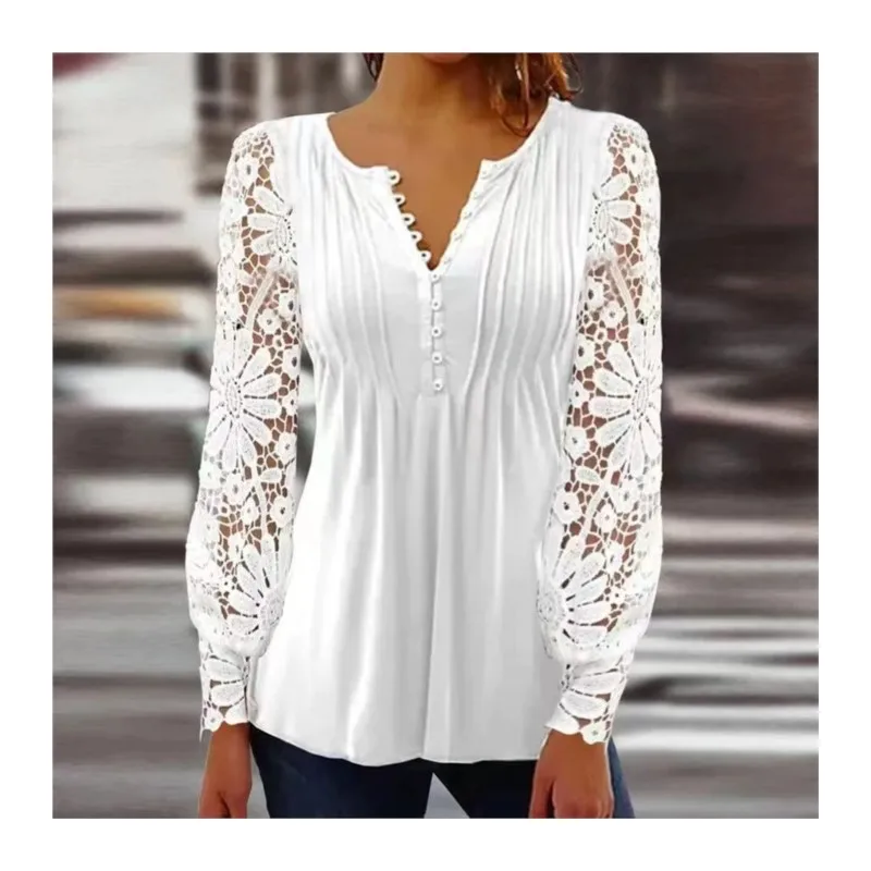 Autumn Women's White Shirt V-neck Print Button  T-shirt Women Stylish Blouses Casual Loose Long-sleeve Elegant Female Clothing