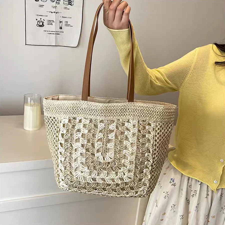 

Летние вязаные крючком соломенные сумки для женщин, сумка на плечо из ротанга, дорожная тканая пляжная сумка ручной работы, женская большая вместительная сумка-тоут