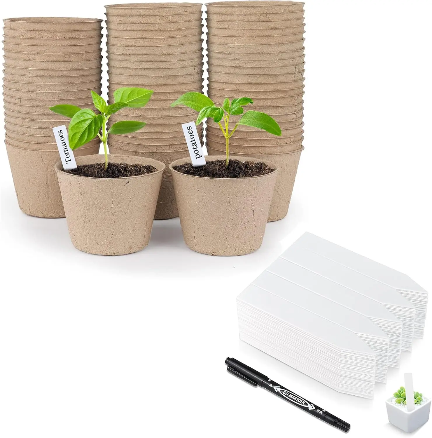 

Peat Pots, 4 Inch Seed Starting Pots with Drainage Holes Round(120 Pcs) with 4 Inch Plastic Plant Labels Waterproof Plan