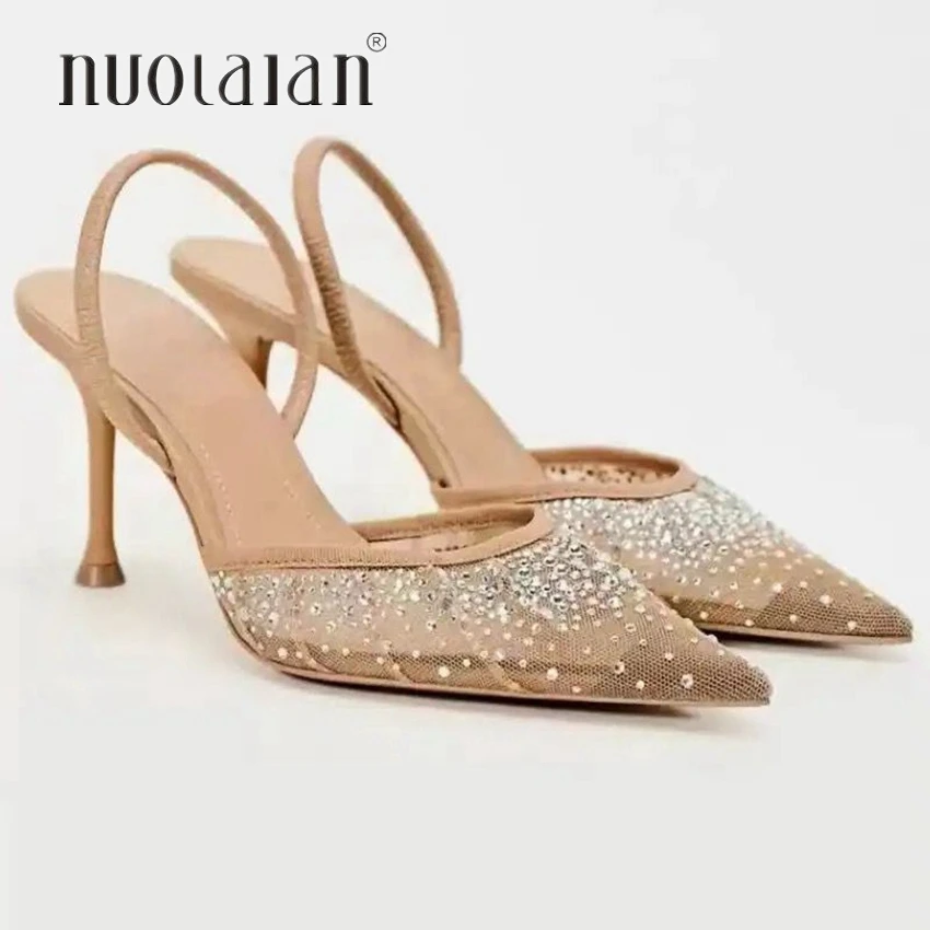 Moda letnie damskie buty na wysokim obcasie siatkowe Rhinestone Slingback kobieta czółenka szpiczasty nosek wysokie sandały na obcasie eleganckie