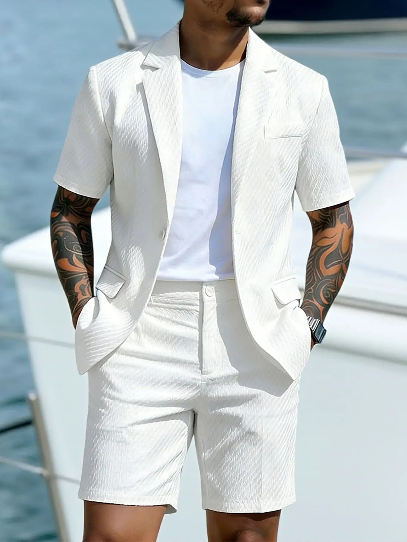 Herren Leichter Strukturierter Zweiteiler mit Reverskragen, Kurzarm-Einreiher-Blazer und Passenden Shorts für Sommerlichen Smart-Casual-Look – Detail 9