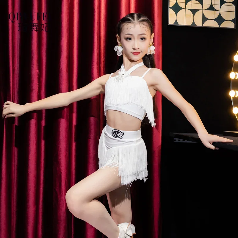 

Kids Latin Dance Pantsuit Costumes Ballroom Plus Size Fringe Tassel Dress Pants Girls Salsa Samba Children Stage Outfits Costume