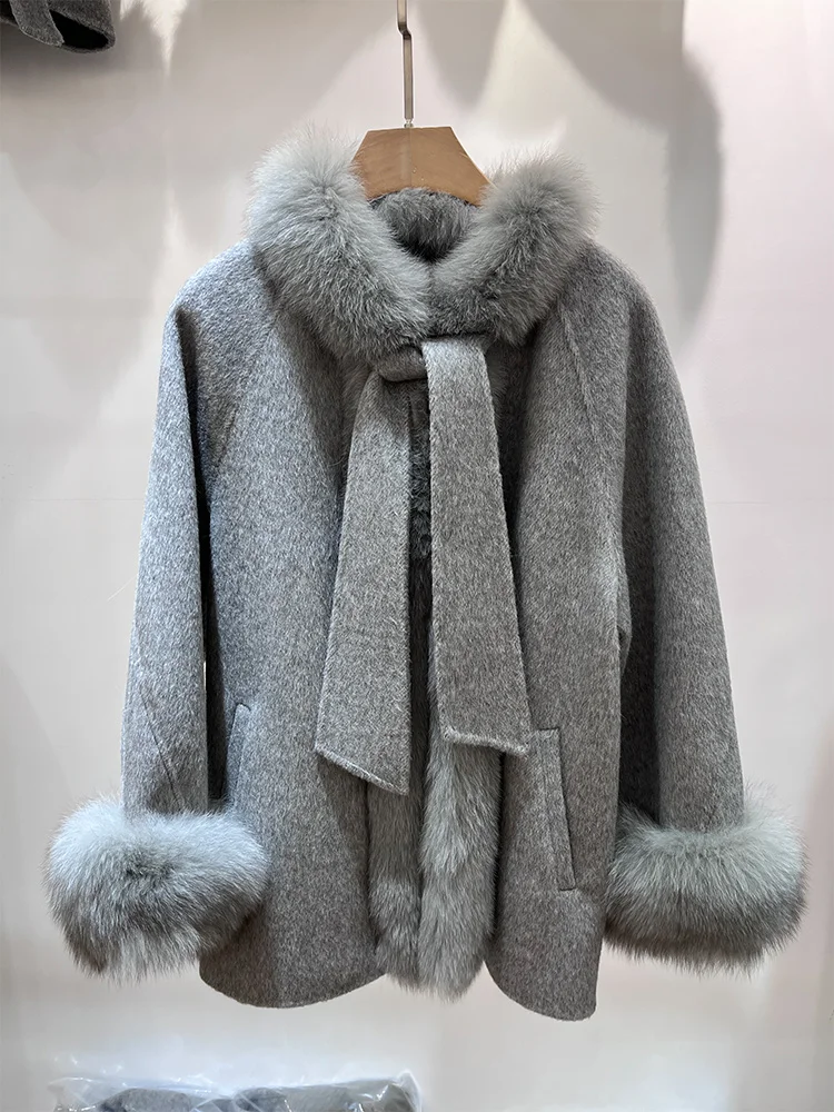 

2025 New Winter Women's Real Natural Fox Fur Coat Collar Jacket Wool Cloak Cashmere Warm Luxury Thick Female Coat