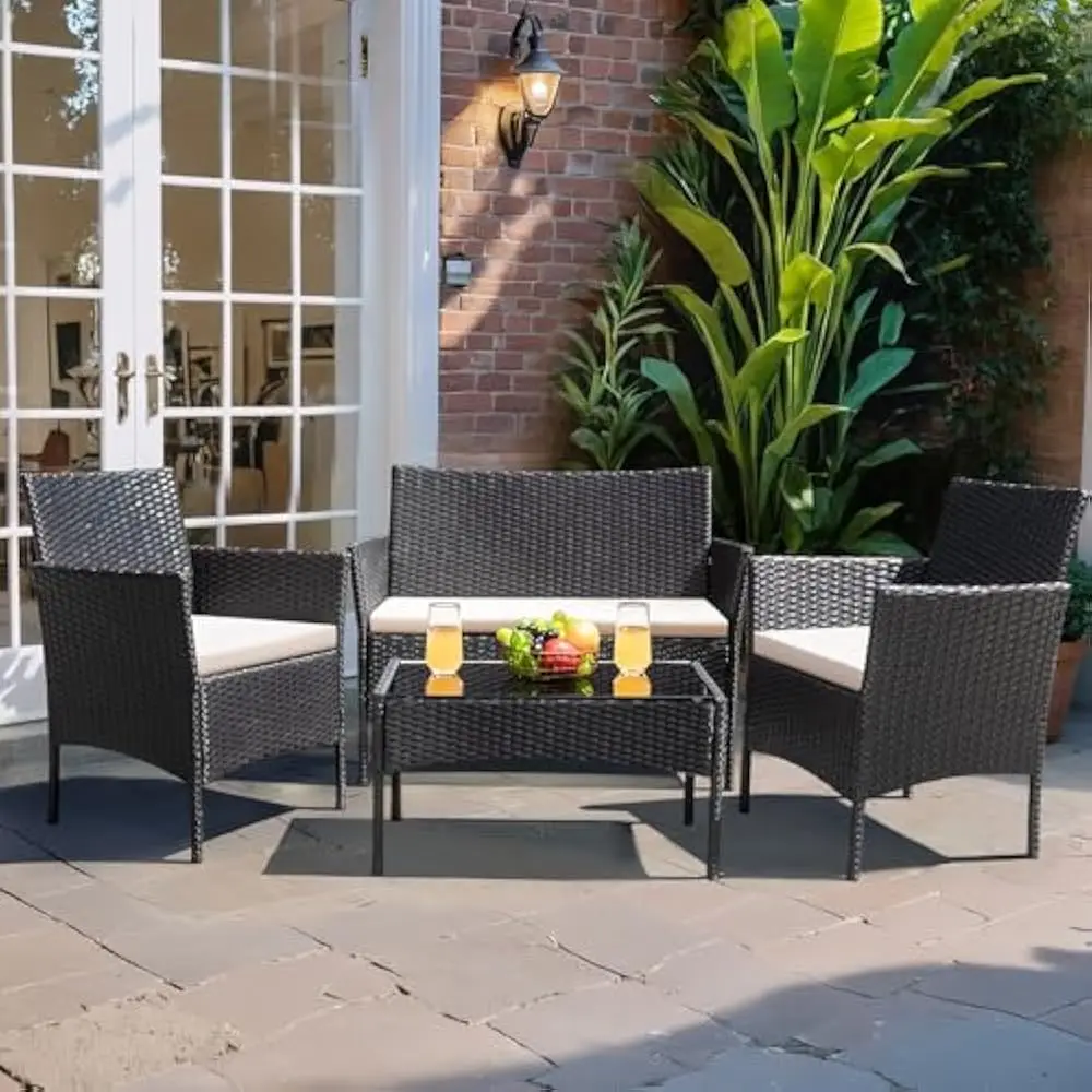 

Patio Furniture 4 Pieces Conversation Sets, Outdoor Wicker Rattan Chairs Porch Poolside loveseat with Cushion and Glass Table