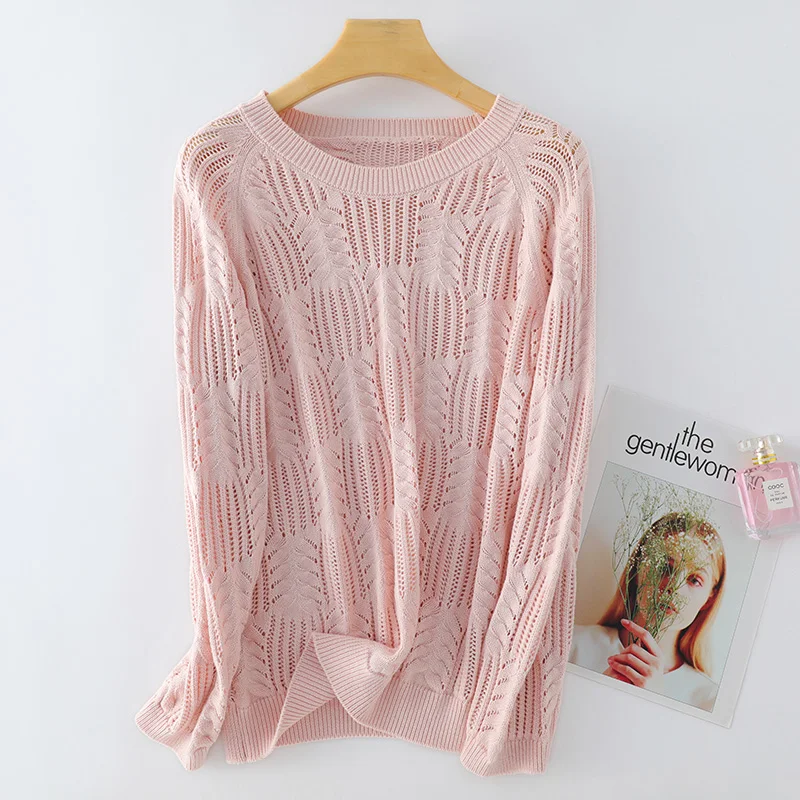 High Quality Women\'s Knitted Sweaters Lady Hollow Out Pure Cotton Pullover See Through Look Raglan Sleeve Loose Tops Smock