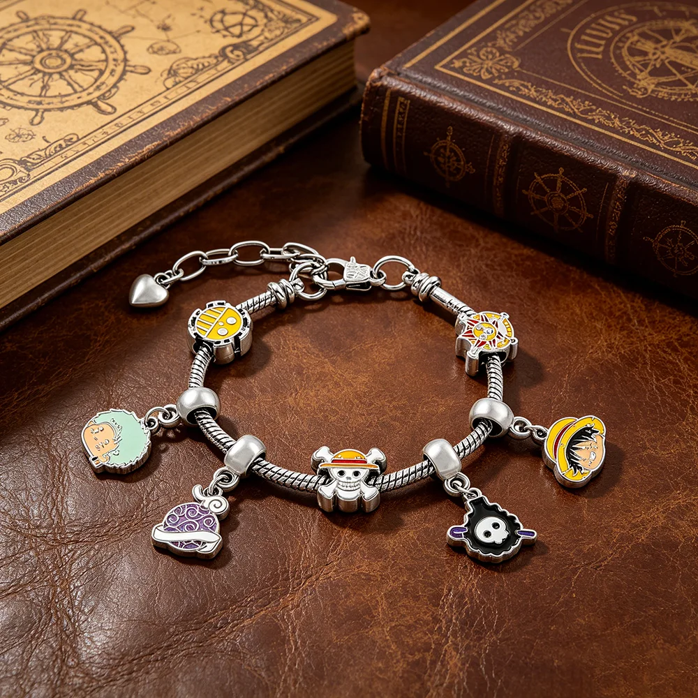 Pulsera de dijes DIY inspirada en One Piece, plateada, con dijes temáticos de Luffy, Zoro, Brook y Thousand Sunny