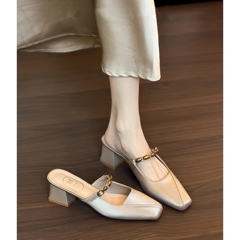 

2026 Summer New Square Head Mule Shoe Half Slip on Sandals Women Outdoor Wear Thick Heel Single Shoes Comfortable Casual Style
