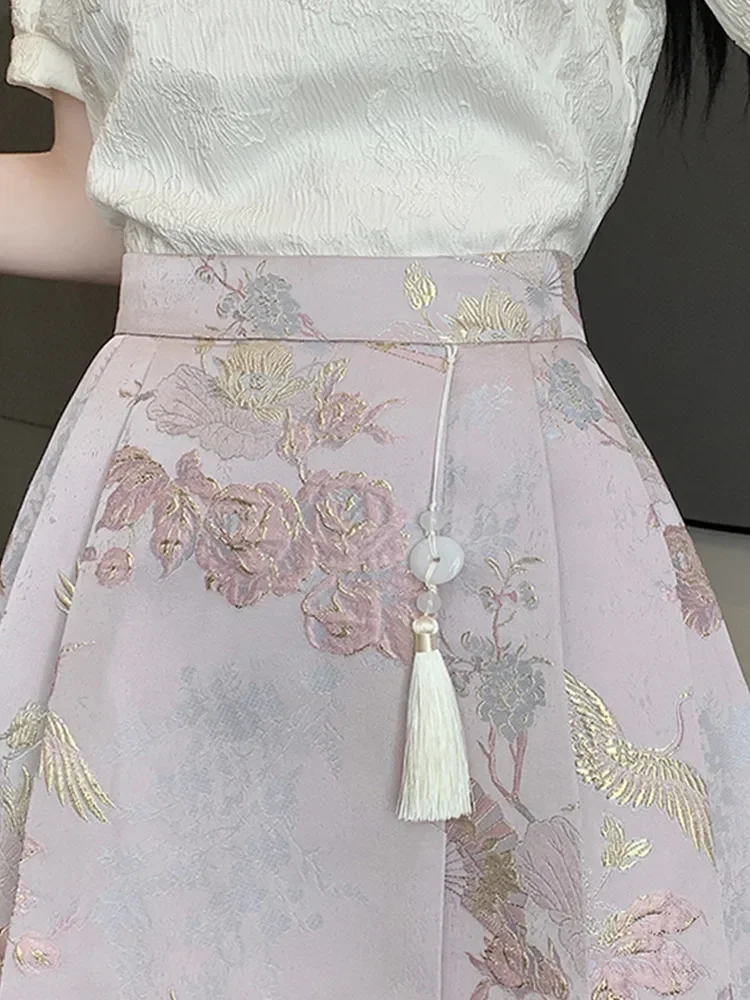 New Chinese Style Jacquard Embroidered Pleated Skirt for Women New  Spring/Summer 2024 High Waist Slim A-Line Short Skirt