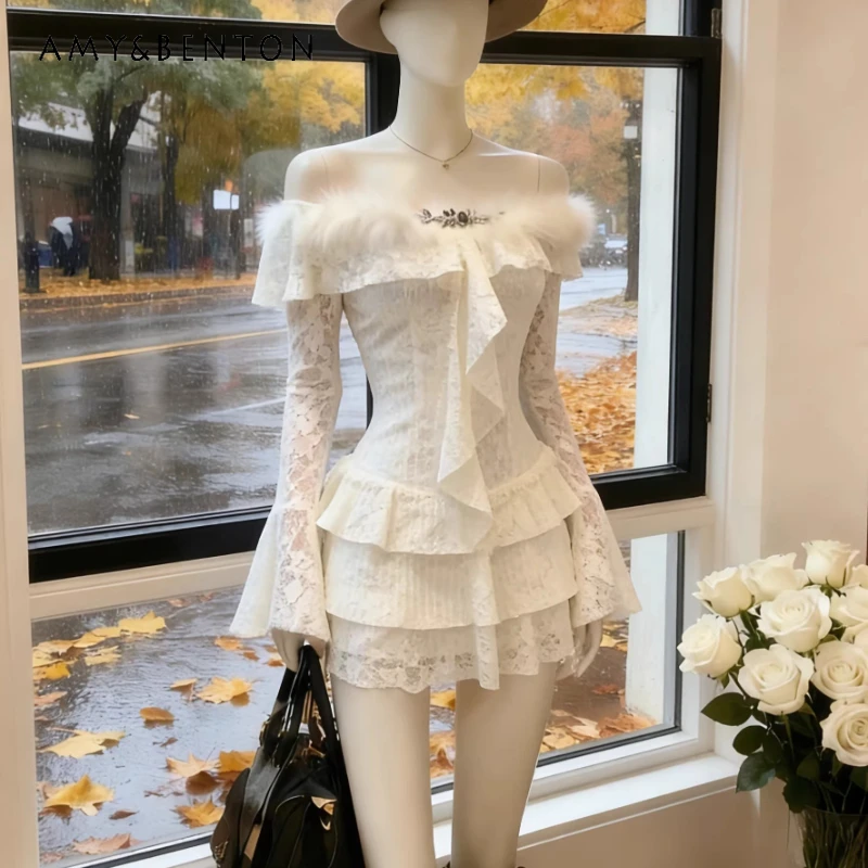 

French Off-Shoulder Lace Splicing Women's Dress 2026 Spring New White Ruffle Slimming Sweet Temperament Short Dresses Ladies