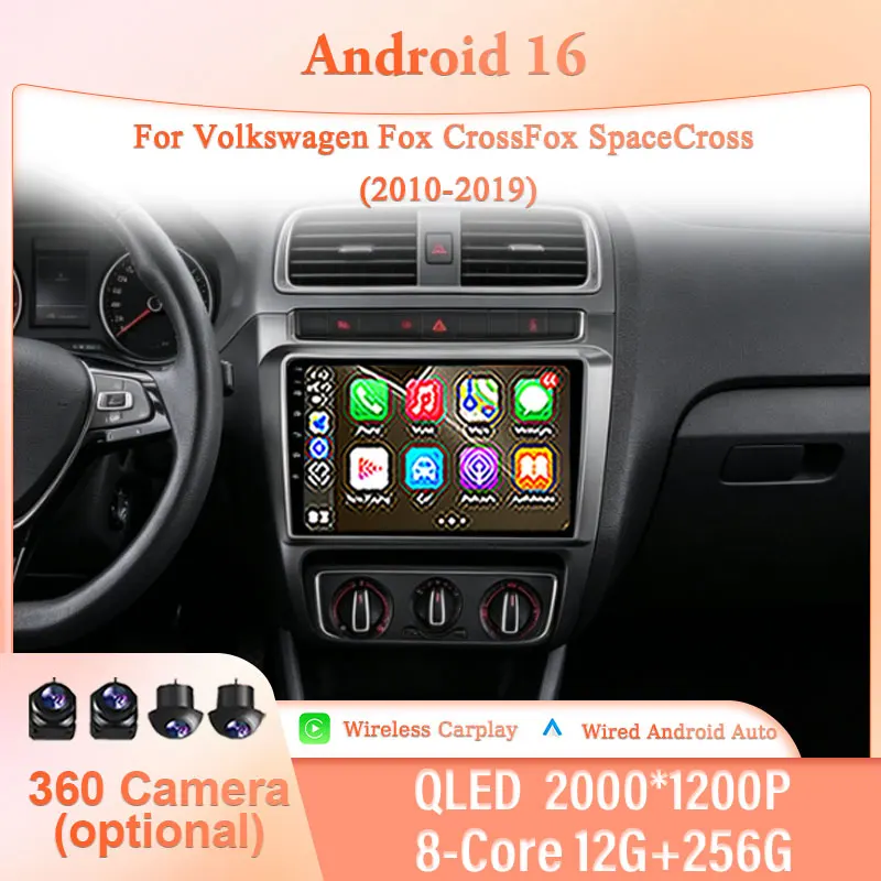 Radio de Auto Android 16 de 9 Pulgadas para Volkswagen Fox CrossFox SpaceCross 2010-2019, Estéreo para Auto con Pantalla IPS Multimedia, CarPlay Inalámbrico, GPS, Navegación, Bluetooth, WiFi, DSP