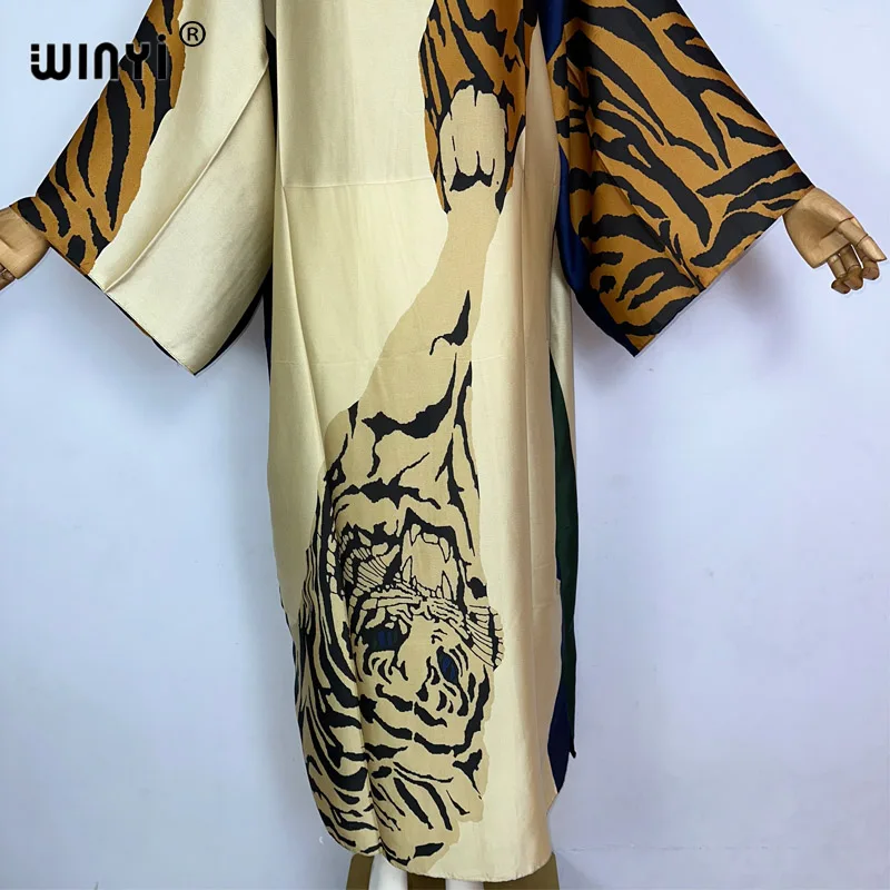 WINYI high-quality Women summer Tiger print Evening Party Beachwear Africa Lady kaftan sexy elegant holiday beach silk dress