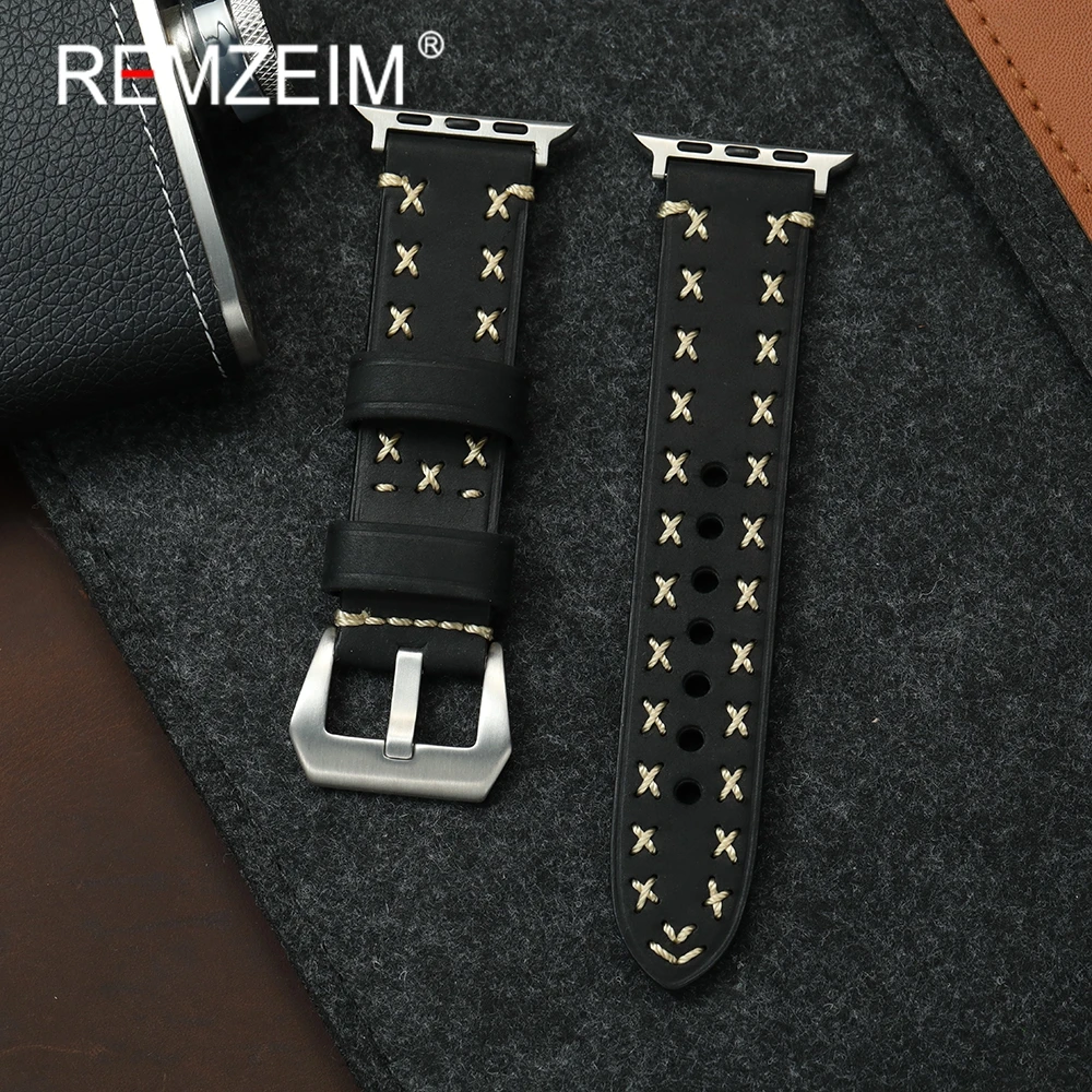 

Men's Stitching Crazy Horse Leather Watch Strap for Apple Watch 1-10 SE Ultra 2 Band for Iwatch 49/46/45/44/42/41/40/38mm Belt