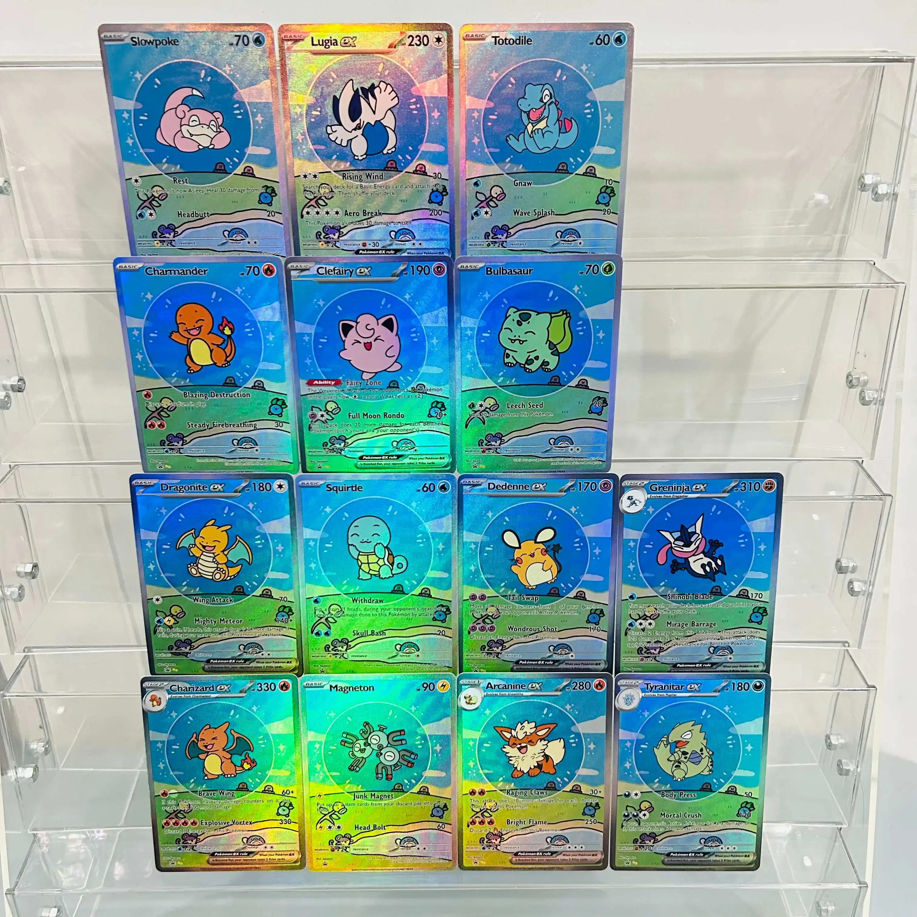 14 cartes (Lugia Charizard Greninja) avec texture holographique, état parfait, collection de cartes d'anime de qualité supérieure