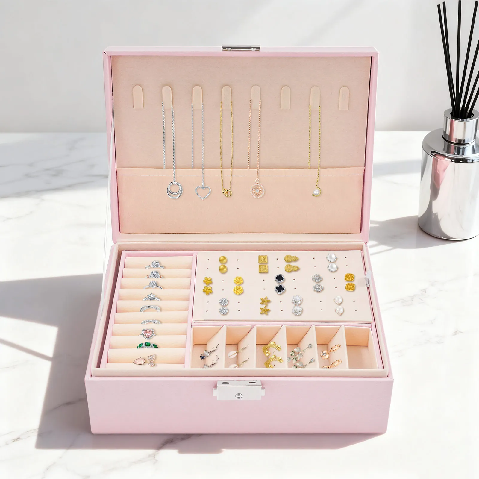 2-lagige abschließbare Schmuckaufbewahrungsbox mit herausnehmbaren Trennwänden, Schreibtisch-Organizer für Ringe, Ohrringe, Armbänder, Halsketten, Broschen, für den täglichen Schmuckaufbewahrungszweck auf dem Schminktisch zu Hause. – Detail 18