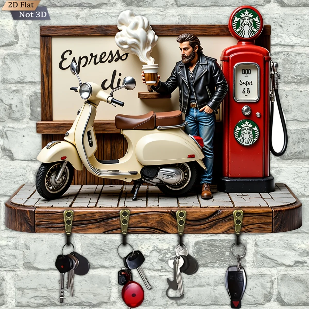 2D Flat, 1pc, Vintage Motorcycle Coffee Scene Key Hook Wooden Multifunctional Home Key Hanger with Four Metal Hooks, Wall