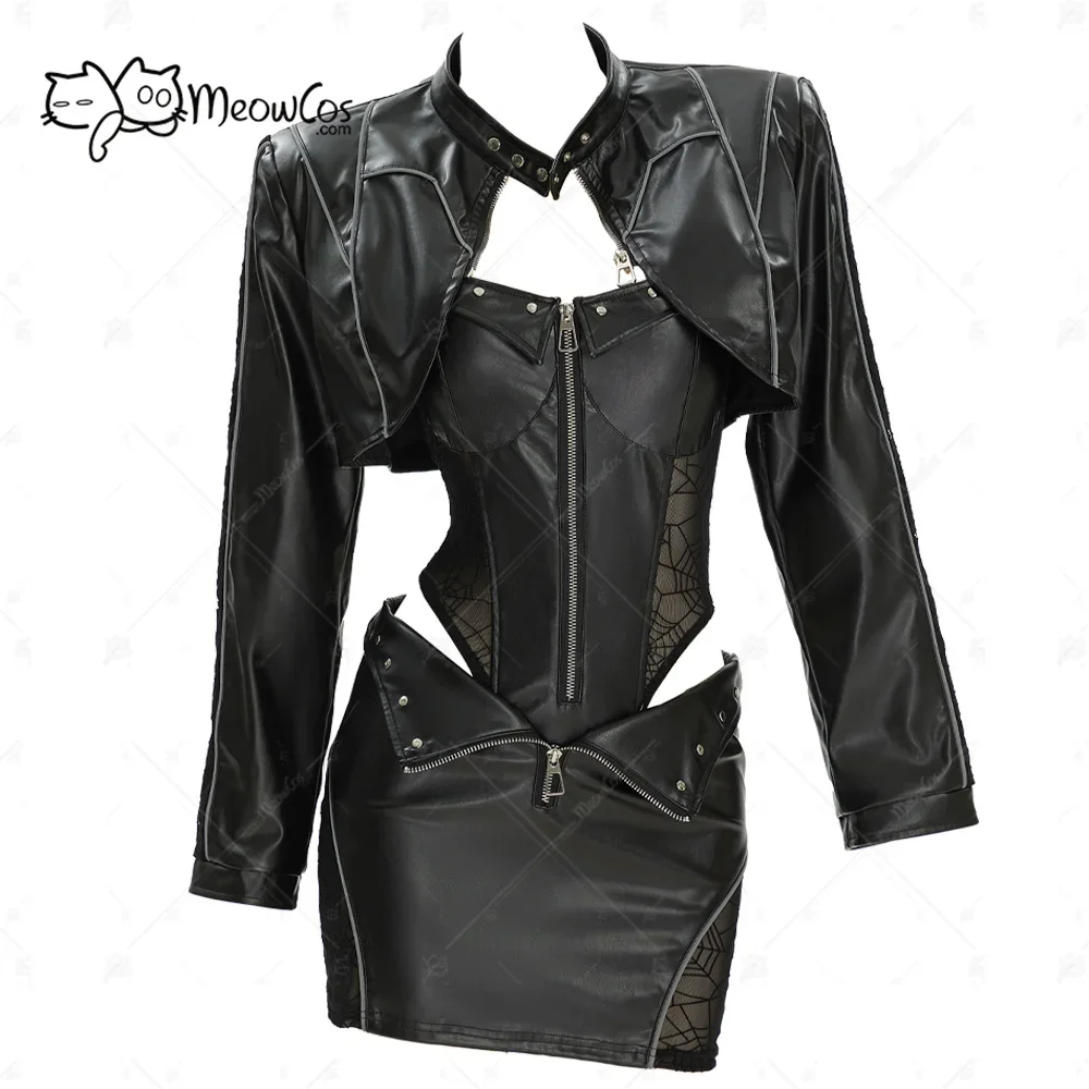 

MEOWCOS Halloween Gothic Cosplay Costume Spiderweb Women Sexy Casual Outfit Black Cami Top and Mini Skirt with Short Jacket