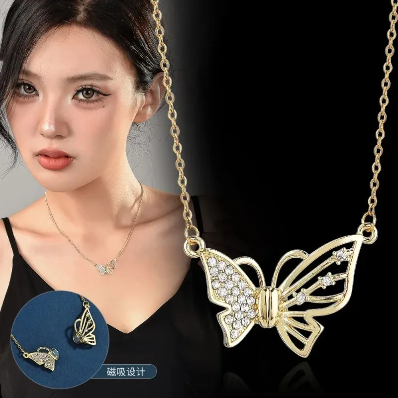 سلسلة الترقوة الماسية الجديدة الفاخرة والمتخصصة على شكل فراشة، قلادة على شكل فراشة مغناطيسية ديناميكية
