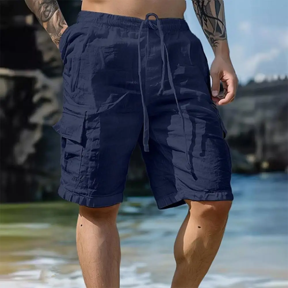 Multi-pocket Design Trousers Men's Knee-length Drawstring Shorts with Elastic Waist Multi Pockets for Casual Daily Wear Beach