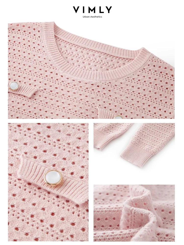 Vimly Pink O-neck Hollow Out Knitted Pullovers Woman 2024 Spring Women\'s Long Sleeve Top High Strecth Knitwear Clothing 30133