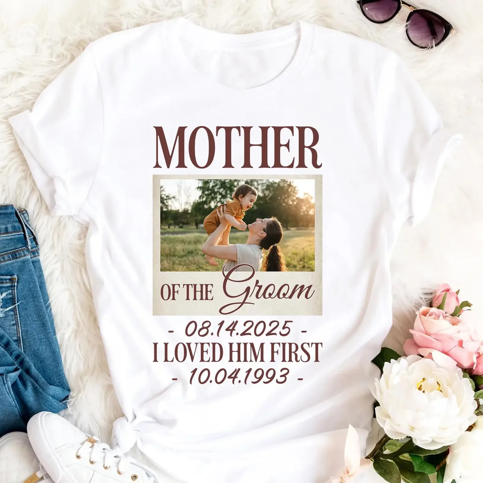 Custom Photo Mother of the Groom T Shirt Personalized I Loved Him First Wedding for Groom's Mom Mother's Day vintage Washed
