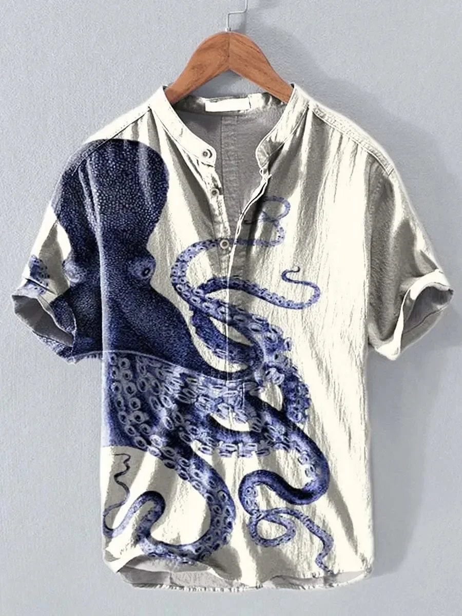 New Retro Pop Style Contrasting Geometric 3D Printed Men's Short Sleeved Henley Shirt Artistic Casual Shirt