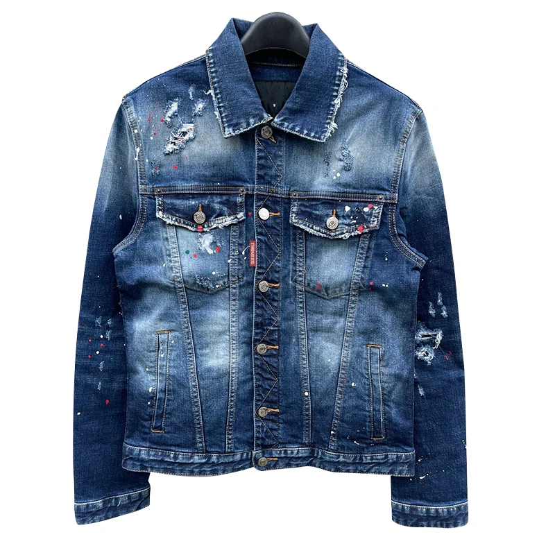 Men\'s denim jacket USA 100 charei harper dsq 1911 Men\'s denim jacket splashed with ink, paint, holes, punk fashion denim trend