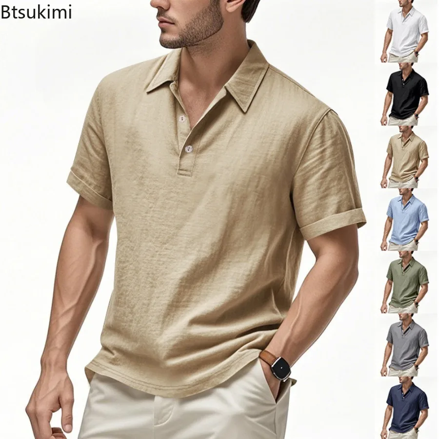 

New 2025 Men's Summer Polo Shirt British Style Casual Buckle Short-sleeved Shirt for Men Solid Color Loose Linen Lapel Tops Male