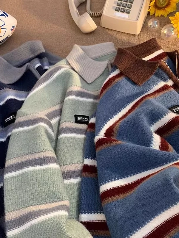 سترة بولو بياقة نصف سحاب مخططة بأسلوب ريترو للجنسين، تصميم فضفاض بأسلوب كسول للشتاء، تصميم شبابي مميز بأكمام طويلة #4