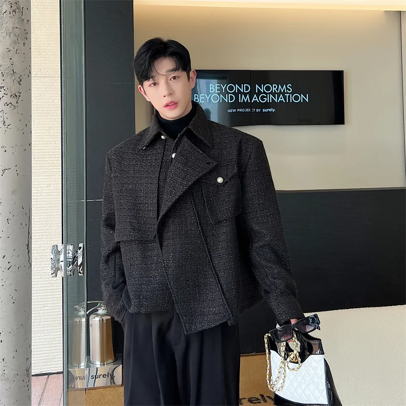 

Korean Sle Premium Woolen Jaet Men's Faion ort Loose Haome Asymmetrical Button-Up Coat for Youth Spring Autumn Winter