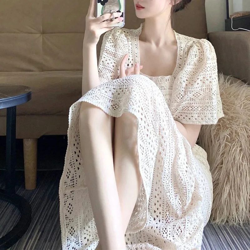 

2024 New Summer French Hollow Out White Dress Sexy Imperial Sister Women Lace Solid A-line Slim Square Collar Vestido