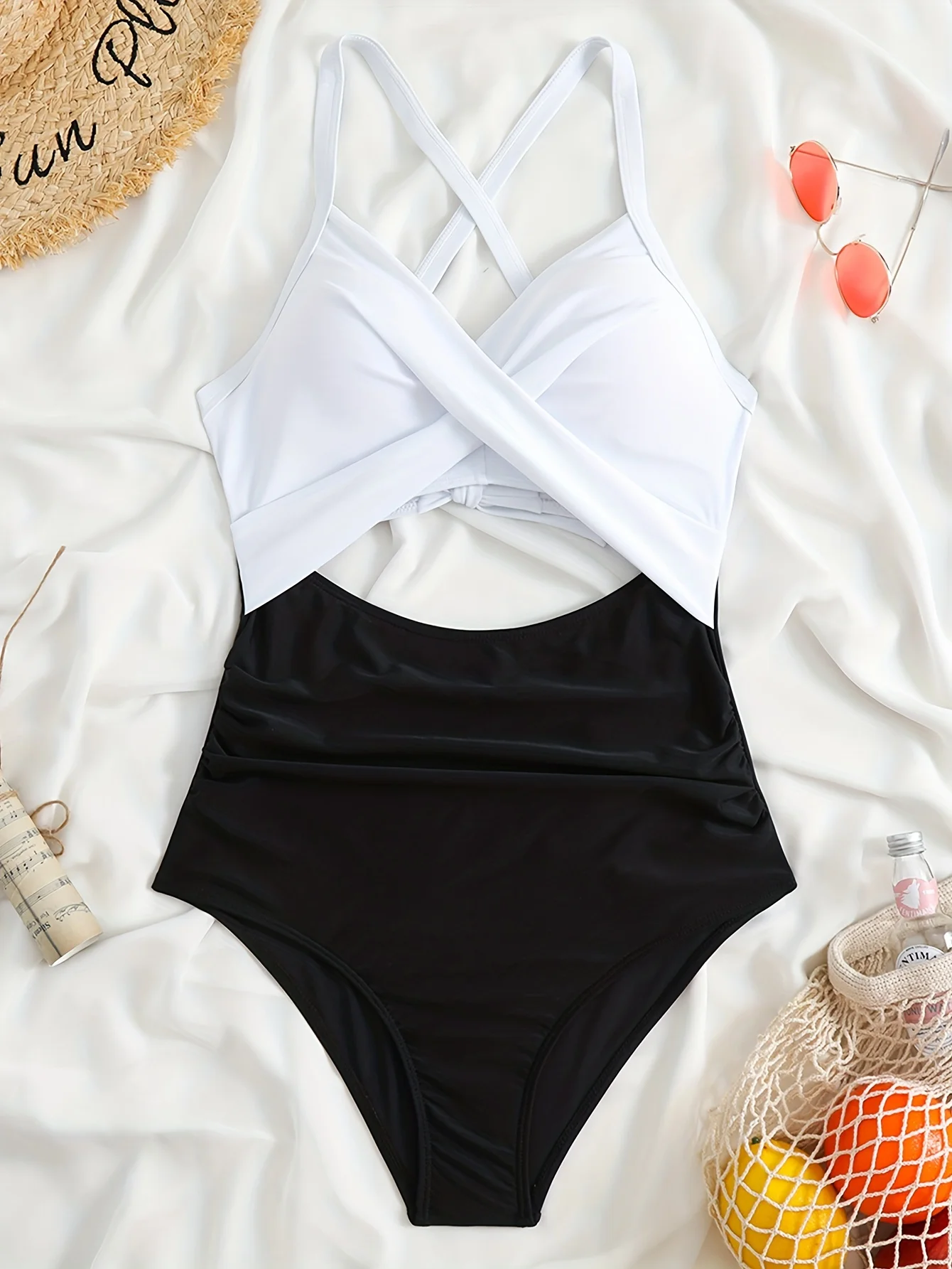 Sexy Women's Halter Neck Lace-Up One-Piece Swimsuit with Cross Pleats & Hollow Backless Design  Poolside Attire, Comfortable Fit