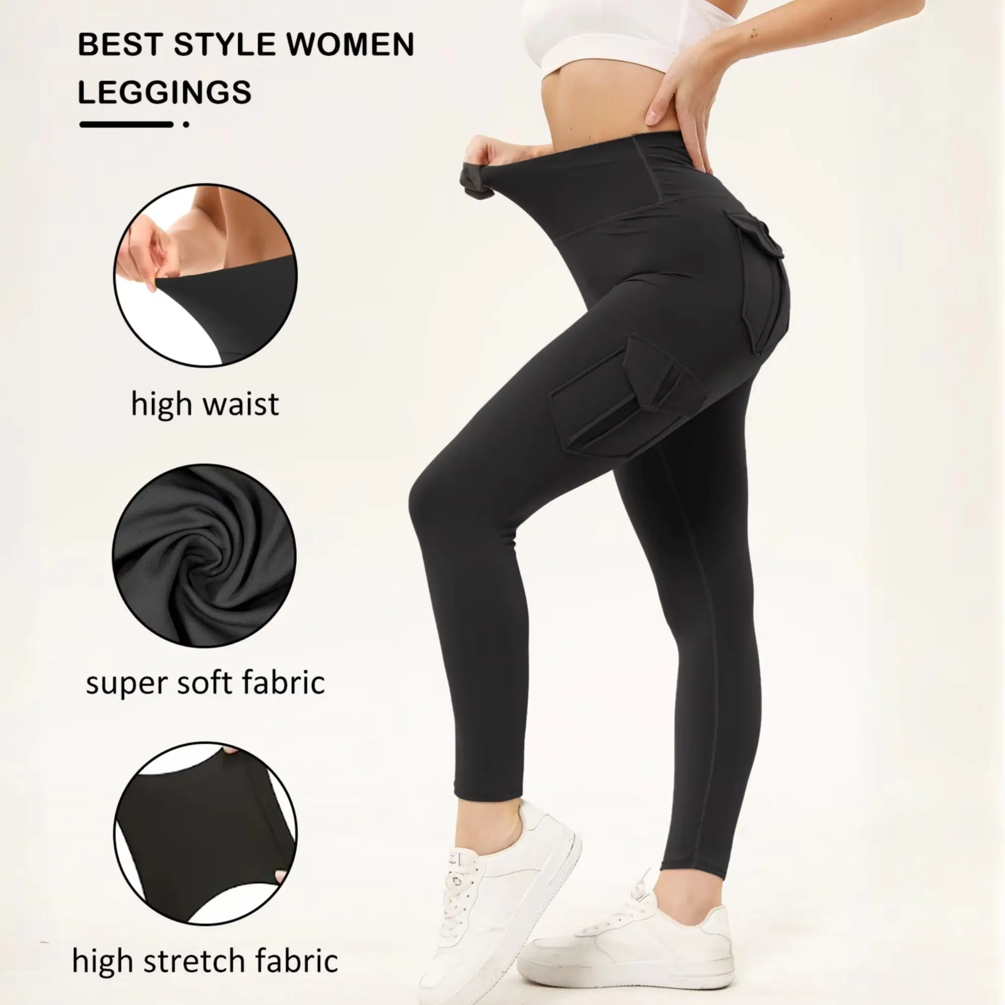 Multi‑Pocket Cargo Leggings for Women High Waisted Tummy Control Hip Lift Gym Running Yoga Pants